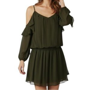 RAMY BROOK Olive Green Misti Long Sleeve Ruffle Cold Shoulder Dress Size Small